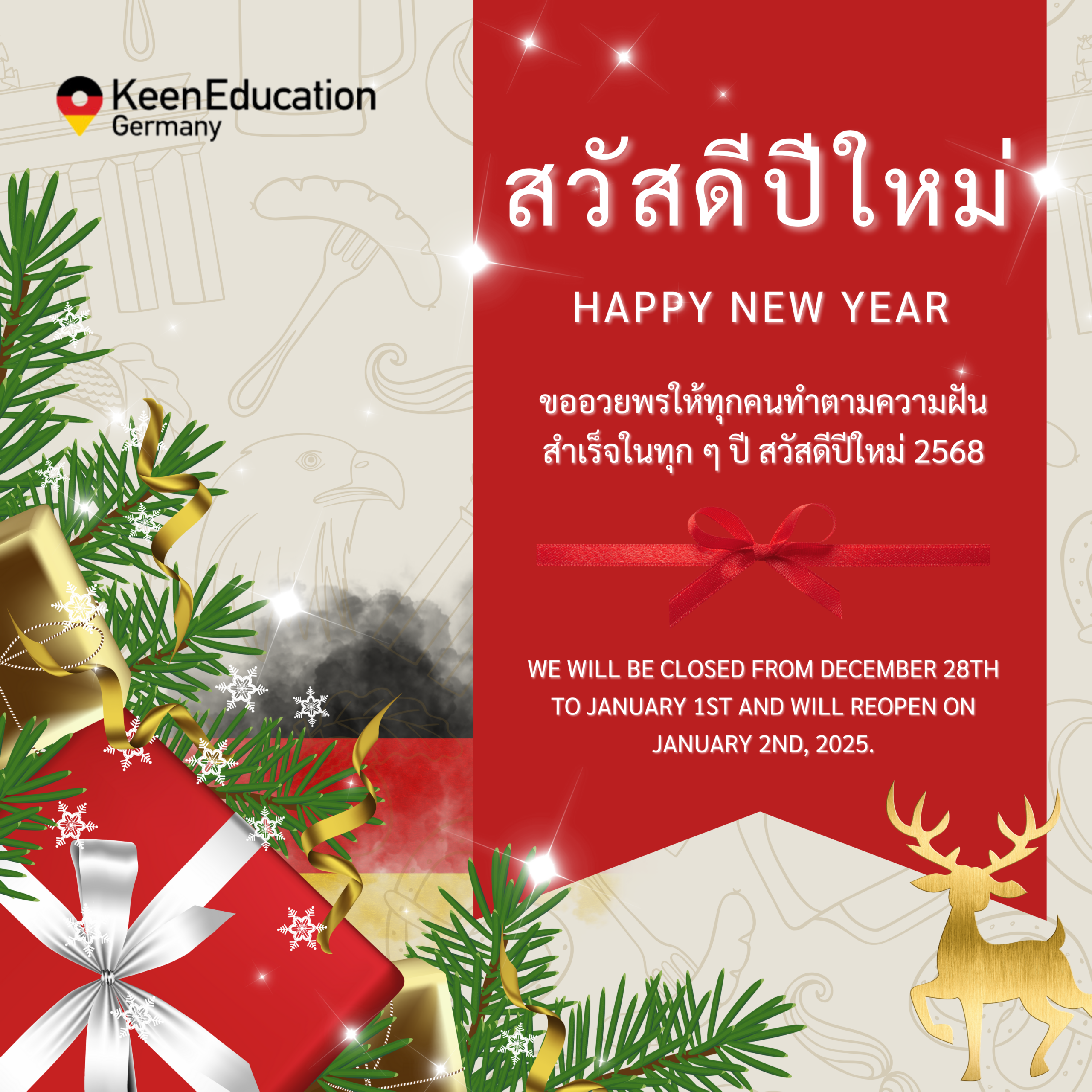 Student Germany Study Bachelor Germany Study Master Germany Learn German German Education Study in Germany Keen Education German Universities University Germany Study Munich Master Study Germany Berlin “ส่งท้ายปี 2024” ส่วนหนึ่งของนักเรียน Keen Education บินสู่เยอรมนี หากใครยังลังเลอยู่.. อย่ารอช้า มาตั้ง Goal ในปี 2025 ไปด้วยกันนะคะ Happy New Year 2025 สวัสดีปีใหม่ 2568 สถิตินักเรียนของเรา ขอวีซ่าผ่าน 100% (ทั้งไปเรียนภาษาและปริญญา) ก่อนอื่นเลย ต้องขอบคุณน้อง ๆ ที่เชื่อมั่นและไว้ใจให้พี่ ๆ คีน เอ็ดดูเคชั่น ได้ช่วยดูแลการไปเรียนต่อเยอรมนีในครั้งนี้ของทุกคนค่ะ พี่ ๆ ยินดีและดีใจมาก ๆ ที่ได้เป็นส่วนหนึ่งของการเดินทางในครั้งนี้ ขอให้ทุกคนแฮปปี้ เอนจอย กับการเรียนและการใช้ชีวิตในเยอรมนีนะคะ ขอให้ทุกคนประสบความสำเร็จการเรียนอย่างที่ตั้งใจค่ะ สำหรับในปี 2025 หากใครที่มีแผน มีความตั้งใจหรือสนใจอยากจะไปเรียนที่เยอรมนี สามารถทักเข้าปรึกษา พูดคุยกันได้เลยนะคะ ให้คีน เอ็ดดูเคชั่น ได้เป็นส่วนหนึ่งของเส้นทางการไปเรียนเยอรมนีครั้งนี้ของทุกคนน้า คีน เอ็ดดูเคชั่น เป็นตัวแทน Official Partner กับมหาวิทยาลัย และสถาบันภาษาในเยอรมนีมากที่สุดมากกว่า 30+ สถาบันชั้นนำทั่วเยอรมัน Free Information Service Pre-check Personal Consult Profile Evaluation Visa Application German Translation CV/SOP Proofread Motivation Letter Blocked Account Student Insurance Pre-departure Post-arrival Accomodation Transportation ทำไมนักเรียนไทยต้องเรียน Studienkolleg? พร้อมแนะนำสถาบันสอน Studienkolleg (ดำเนินการผ่านคีนฟรี!!) คีน เอ็ดดูเคชั่น เป็นตัวแทนในไทยอย่างเป็นทางการ เราสามารถดูแลช่วยเหลือ วางแผนการเรียน ทำการสมัคร ประสานงาน เตรียมเอกสารวีซ่า และเตรียมตัวก่อนบินไปเยอรมนี ให้ได้ฟรี!! (ไม่มีค่าบริการเอเจนซี่เลยค่ะ) โปร่งใส จริงใจ และมืออาชีพ ทีมงานของเรายินดี และพร้อมให้บริการค่ะ อยากรู้เรื่องการเรียนในเยอรมนี ถามเราได้เลย: สามารถติดต่อได้ทุกช่องทาง สะดวกและรวดเร็ว คุยกันได้ อยากได้ข้อมูลอะไรในเยอรมนี คีน เอ็ดดูเคชั่น จัดให้!! ปรึกษาฟรี แถมบริการฟรีด้วยจ้า รีวิวนักเรียนคีน คีนออกบูธ งานอีเว้นท์ งานเรียนต่อต่างประเทศ งานเรียนต่อนอก keen education ประเทศเยอรมนี เรียนต่อเยอรมนีกับคีน เอ็ดดูเคชั่น keen germany german เอเจนซี่เรียนต่อเยอรมัน เรียนต่อเยอรมนี เรียนต่อเยอรมัน เรียนต่อต่างประเทศ เรียนต่อนอก ปรึกษาฟรี ไม่มีค่าบริการเอเจนซี่